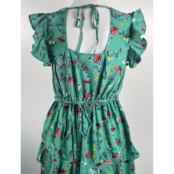 BOG Lottie & Holly Green Floral Boho Tiered Ruffle Mini Sleeveless Dress NWT XS - Picture 5 of 9